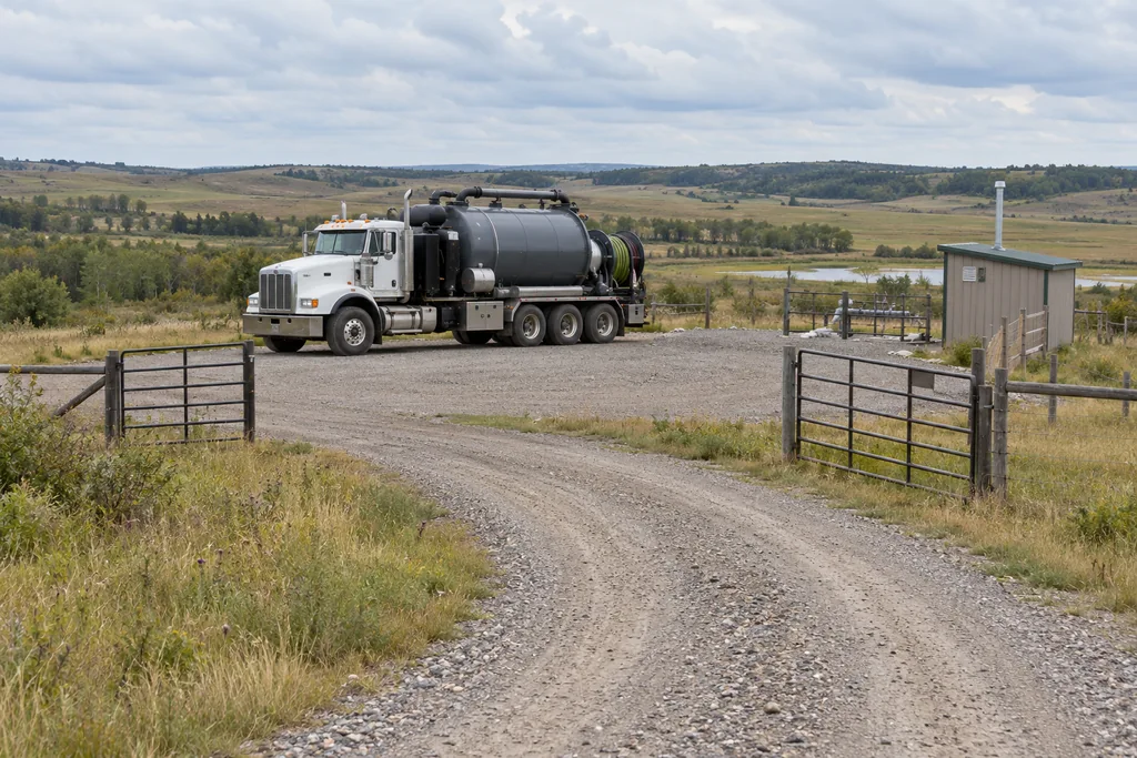 Chemin d’accès rural fictif en gravier menant à un camion aspirateur par une entrée ouverte, avec une flèche indiquant la zone de travail stable.