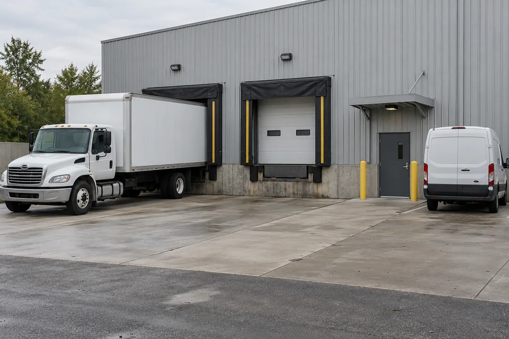 Entrepôt fictif avec un camion au quai et une fourgonnette près d’une porte de réception au niveau du sol, indiquée par une flèche.